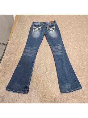 2000s low rise indie sleaze Amethyst Flare Jeans 11 Distressed Embroidered Y2K
